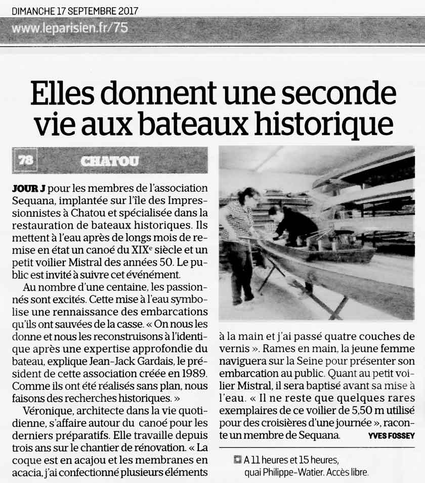 Le Parisien, 17 septembre 2017, Mise à l'eau de Zambèze Sequana Chatou